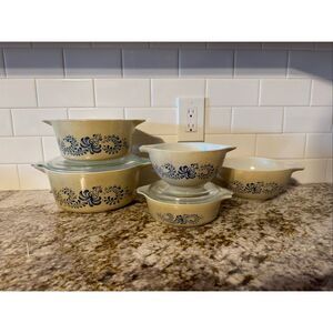 Pyrex Homestead casserole dishes set of 5 pebble tan blue swirl 474 471 475 441